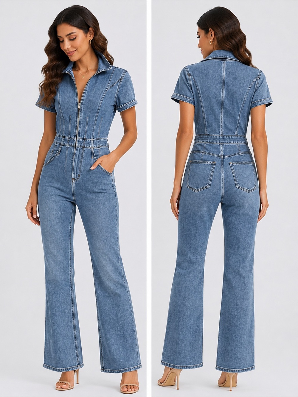 Short-Sleeve Zip-Front Wide-Leg Denim Jumpsuit - Blue